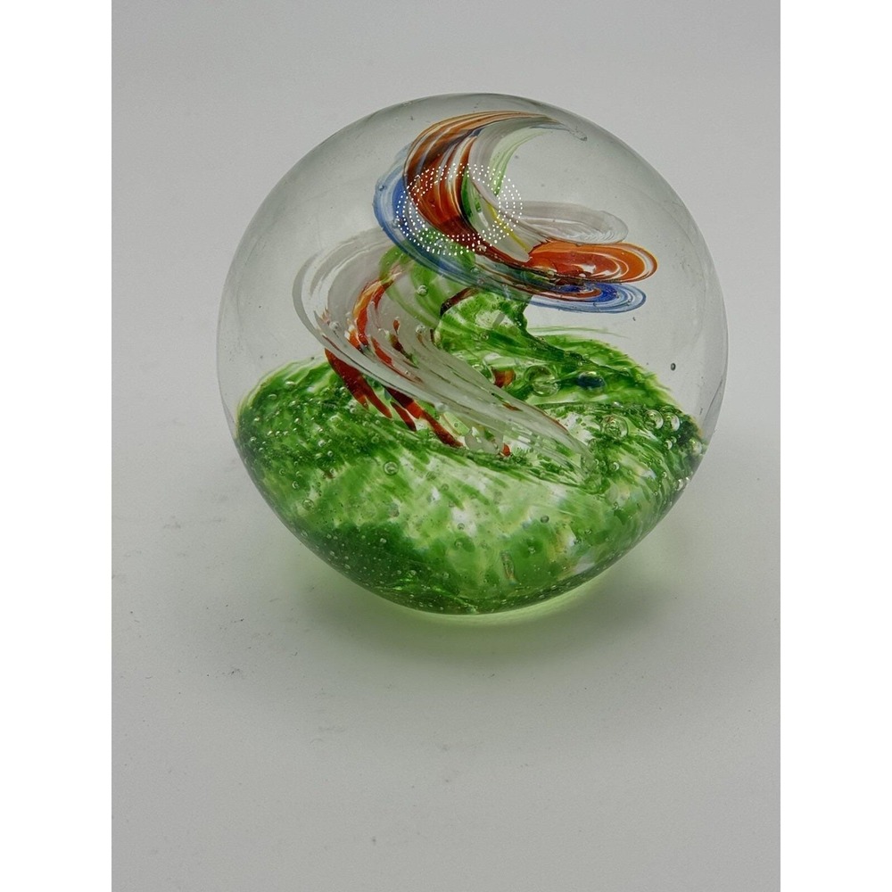 Glass Paperweight with Green Blue White Red Orange Swirl